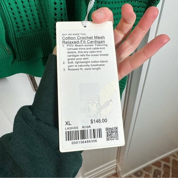 NWT Lululemon cotton crochet mesh relaxed fit cardigan Raceway Green size xl - Picture 4 of 10